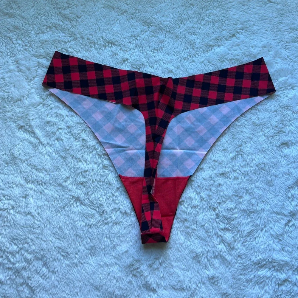Jenni Intimates Women's Red Black Buffalo Plaid Seamless Thong Panty Size XL New